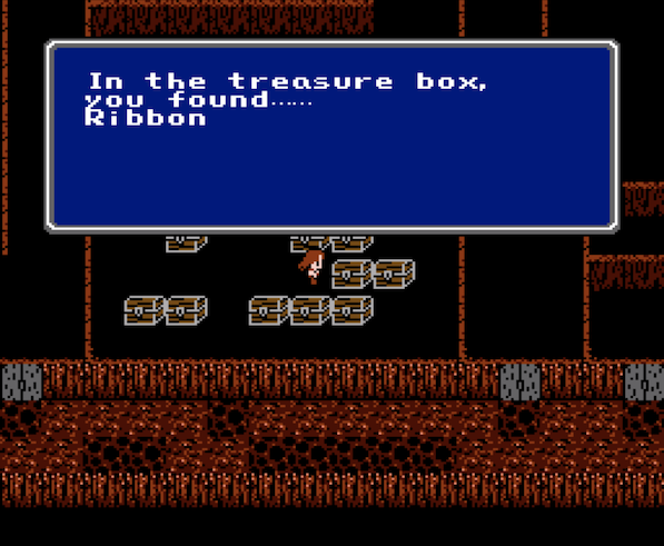 Screen shot from Final Fantasy on the NES with the player collecting a ribbon from a treasure chest.